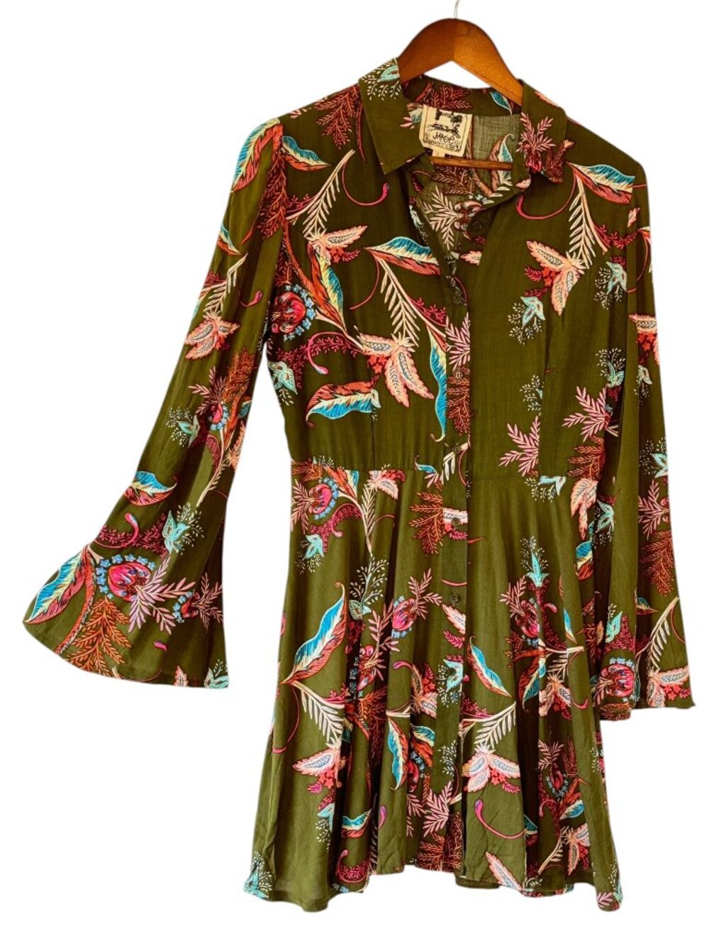 Jaase Rihana Shirt Dress Olive Drab Floral Flared Sleeve Button Front Boho Small